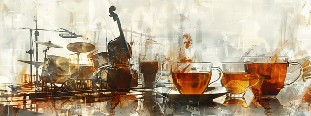 Double exposure of cups of tea with a pot, and musical instruments, harmonizing the rich notes of...