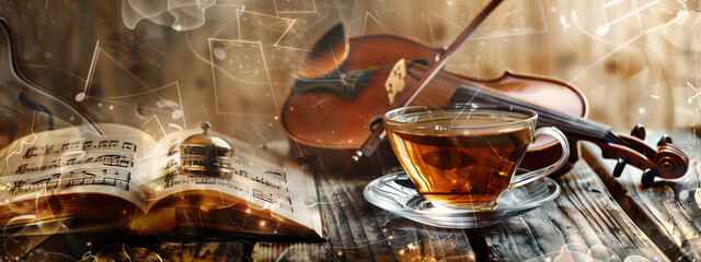Double exposure of cup of tea, book and a violin, harmonizing the rich notes of the drink with the...
