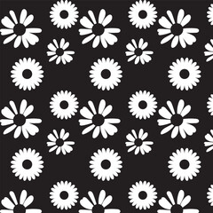 Seamless pattern with daisy flower and hand drawn hearts on black background vector file  illustration. Cute floral print. 