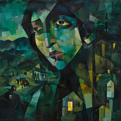 Woman in the Mountains Cubist Surreal Fragmented Mosaic Village Cottage Dark Green Haunting Mysterious Shadows
