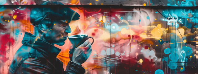 Vibrant synergy of a person enjoying coffee and colorful street art, a feast for the senses. - 751925952