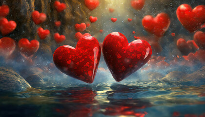 Floating Red Hearts in Surreal Water Landscape