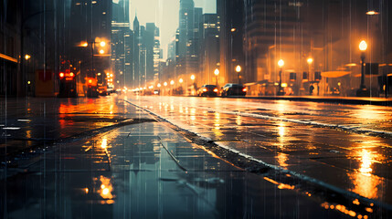 Fototapeta na wymiar Bright bokeh city lights reflected on wet road surface