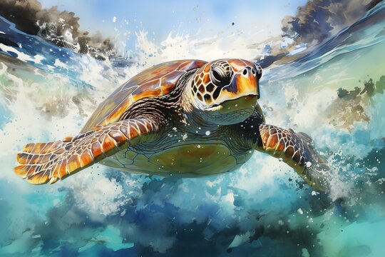 Tortoise turtle sea beach oil painting with Generative AI