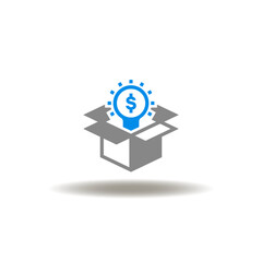 Vector illustration of open cardboard box and lightbulb with dollar currency. Icon of USP Unique Selling Point. Symbol of investment in idea. Sign of startup, funding in new product.