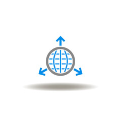 Vector illustration of earth globe with three arrows coming from it. Symbol of business expansion.