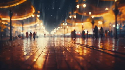 Rainy city street at night, bokeh lights background - obrazy, fototapety, plakaty