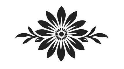 Symmetrical Black and White Flower Illustration. A detailed floral design featuring petals and leaves in monochrome