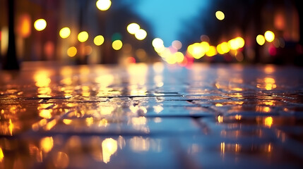 Rainy city street at night, bokeh lights background