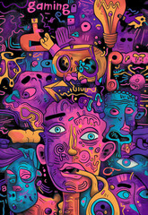Psychedelic Gaming Culture Illustration with Vivid Characters background