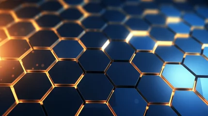 Fotobehang Abstract blue and gold hexagon background, geometric honeycomb wallpaper © puentes