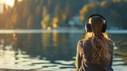 woman sitting on a pier by the lake, headphones on generative ai