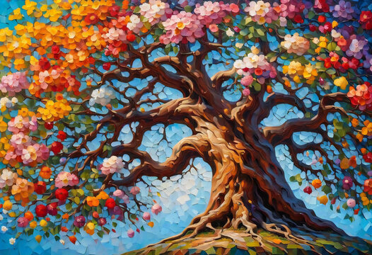 Giant tree with an abundance of colorful flowers. Impasto oil painting.