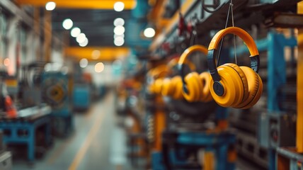 Safety headphones hanging on industrial machinery in a factory setting - obrazy, fototapety, plakaty