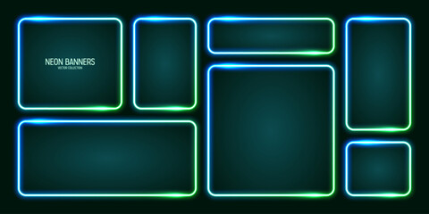 Glowing neon banners, illuminated colorful square frames. Shiny vibrant border, glow effect. Azure vintage retro lights, night illumination. Modern futuristic UI design elements. Vector illustration