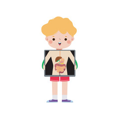 cute cartoon american child with x-ray screen showing internal organs and skeleton. x ray check bones kid, Element of infographics for kid Vector illustration isolated on white background