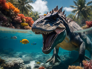 A majestic Tyrannosaurus rex the crystal clear waters of a vibrant blue ocean reef, surrounded by a colorful array of tropical fish.