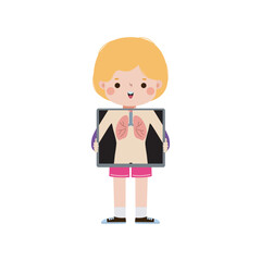 cute cartoon american child with x-ray screen showing internal organs and skeleton. x ray check bones kid, Element of infographics for kid Vector illustration isolated on white background