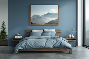 Modern blue bedroom with modern furniture and wall art 