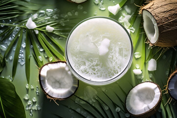 A frosty glass of Vita Coco Coconut Water condensation beading on the surface surrounded by fresh coconuts and palm leaves - obrazy, fototapety, plakaty