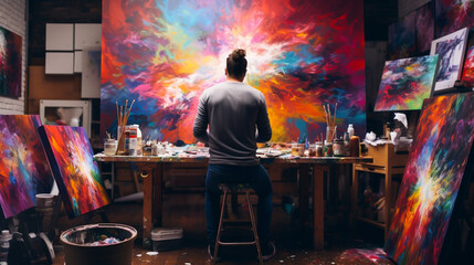 Artist in a studio filled with colorful paintings working on a canvas intense focus and vibrant colors