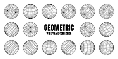 Wireframe shapes, lined sphere. Perspective mesh, 3d grid. Low poly geometric elements. Retro futuristic design elements, y2k, vaporwave and synthwave style. Vector illustration