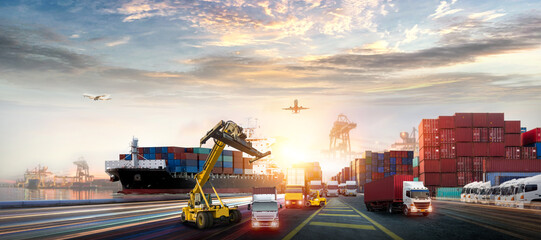 Container truck in ship port for business Logistics and transportation of Container Cargo ship and...