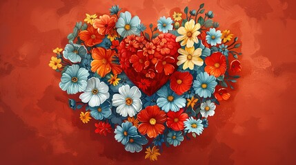Watercolor illustration of red heart made of flowers. Heart shape of red petals.