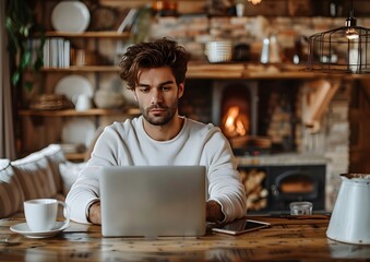 Fototapeta premium Young man with laptop and coffee working indoors
