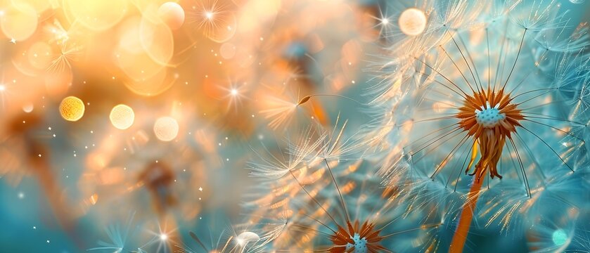Blurred nature background dandelion seeds parachute