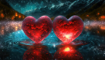 Romantic Red Hearts Reflecting on Water Under Starry Sky