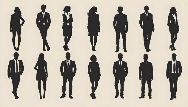 
Set of isolated vector silhouettes stock illustration, Business people, group of standing businessmen and businesswomen