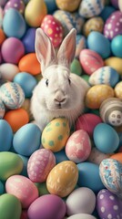 Happy Easter Bunny with many colorful easter eggs.