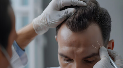 Physician indicating a young man's forehead with a hair loss issue against a grey background, close-up. - obrazy, fototapety, plakaty