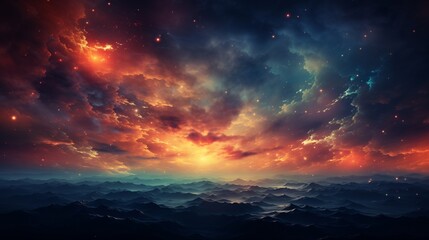Fototapeta premium Majestic sunset over mist-covered mountains, merging seamlessly with the cosmic expanse of deep space.