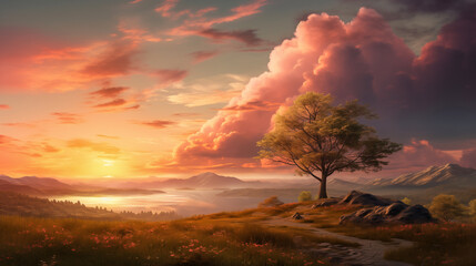 Romantic sunset. Painting of a solitary tree on a hilltop, silhouetted against a vibrant sunset. The sky is ablaze with orange, red, and purple hues, with wispy clouds scattered throughout.