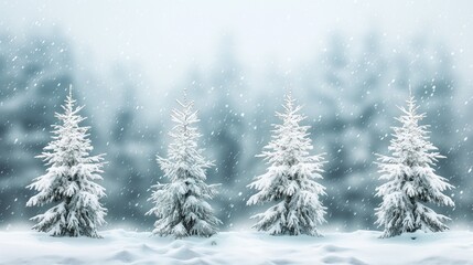 Snow-covered pine trees against a serene winter backdrop.