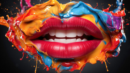 Rainbow Kiss Lips: Juicy female lips adorned in vibrant rainbow-colored lipstick, wet paint, 3D illustration