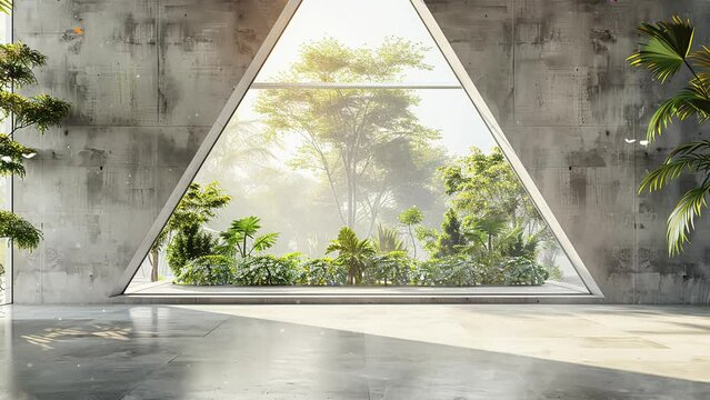 large room with big window and garden view. empty concrete room with nature view. seamless looping overlay 4k virtual video animation background
