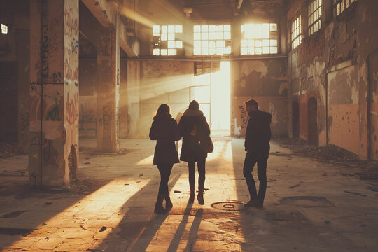 Urban Explorers in Abandoned Building Bathed in Golden Light