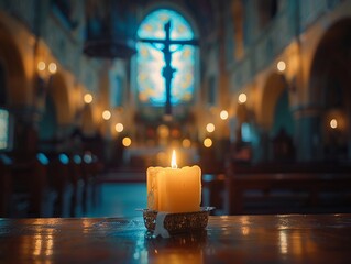 An image of Holy Saturdays quiet reflection with a crucifix highlighted by the soft glow of a candle symbolizing awaiting light - obrazy, fototapety, plakaty
