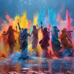 Dynamic Holi dancers swirls of multicolored powder a burst of joy and cultural pride