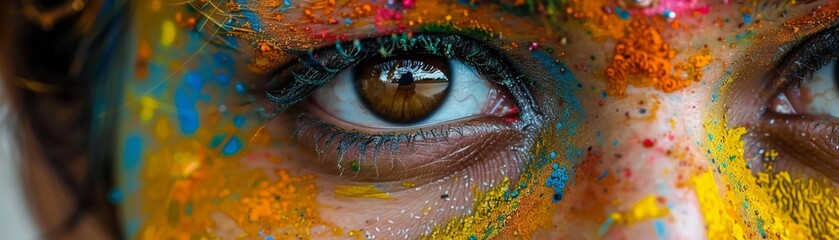 Quiet moment of Holi reflection a face painted in myriad colors eyes sparkling with joy and spirit
