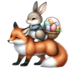 Obraz premium cute rabbit Sitting on the back of a fox with a basket of eggs clipart watercolor 