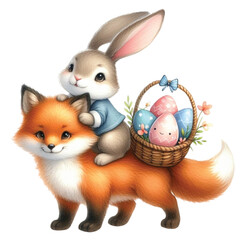 cute rabbit Sitting on the back of a fox with a basket of eggs clipart watercolor 