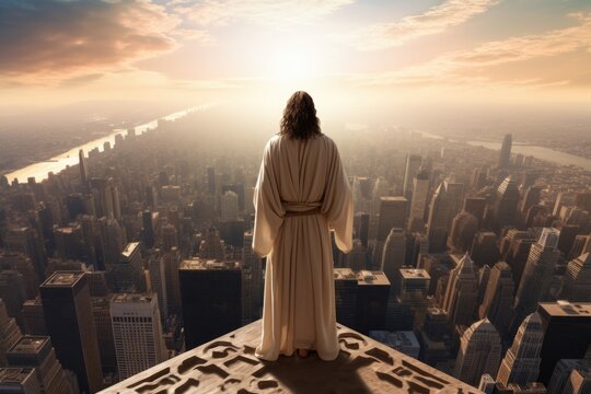 Modern city messiah: jesus christ in the heart of today's bustling metropolitan landscape, a symbol of spirituality amidst contemporary urban life