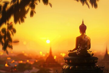 Vesak day concept: Silhouette Buddha with blurred travel tourist attraction in Thailand - Asia on golden temple sunset background, realistic, copy space - generative ai