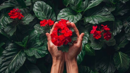 hands holding a bouquet of geraniums generative ai
