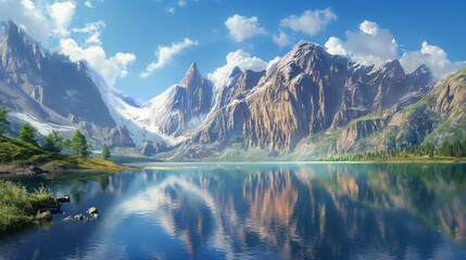 Steep cliffs mirrored in a calm lake, framed by the splendor of mountains and an endless blue sky.