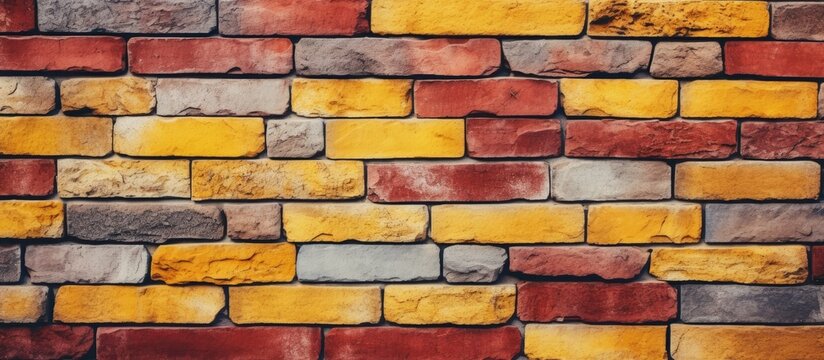 This close-up view showcases a brick wall crafted from red and yellow bricks, arranged in a vertical pattern. The image focuses on the textured surface and the color variations present in the bricks.